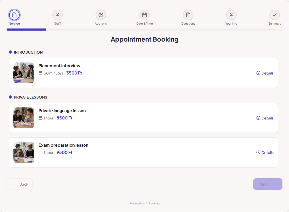 Appointment booking system for language teachers – Placement interview, Private language lesson, Exam preparation lesson with prices, durations, and categories Appointment booking system for language teachers – Placement interview, Private language lesson, Exam preparation lesson with prices, durations, and categories