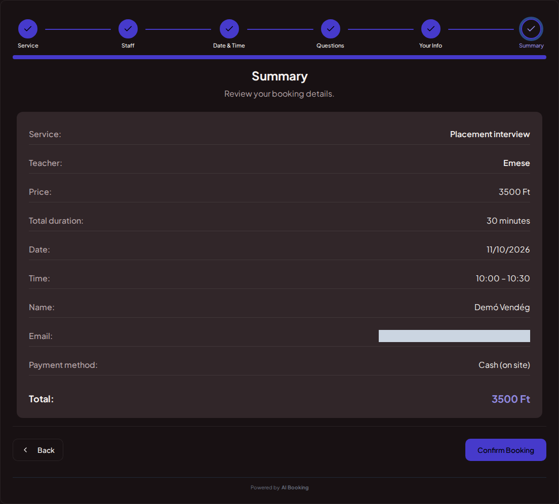 Appointment booking system for language teachers – Language lesson booking summary with service, professional, time, and fee Appointment booking system for language teachers – Language lesson booking summary with service, professional, time, and fee