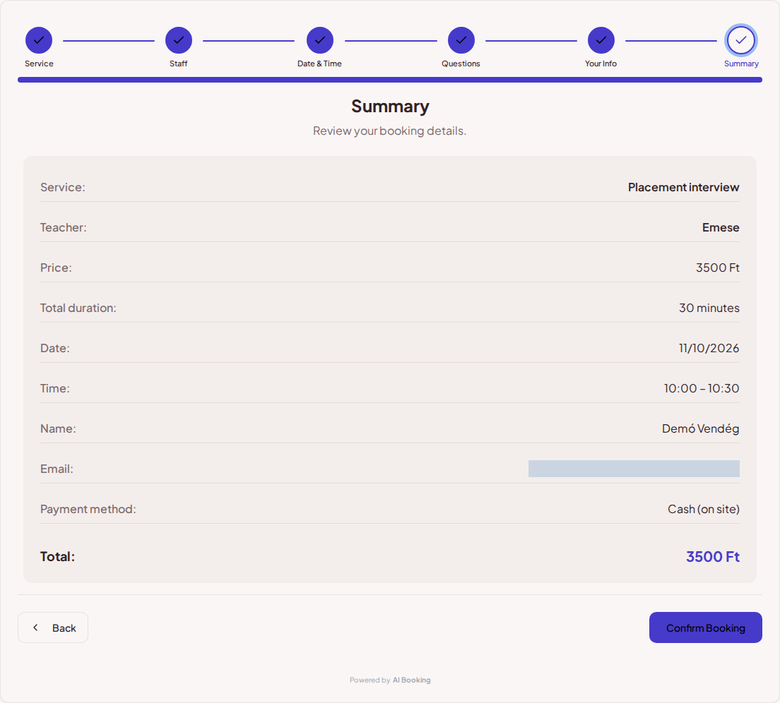 Appointment booking system for language teachers – Language lesson booking summary with service, professional, time, and fee Appointment booking system for language teachers – Language lesson booking summary with service, professional, time, and fee