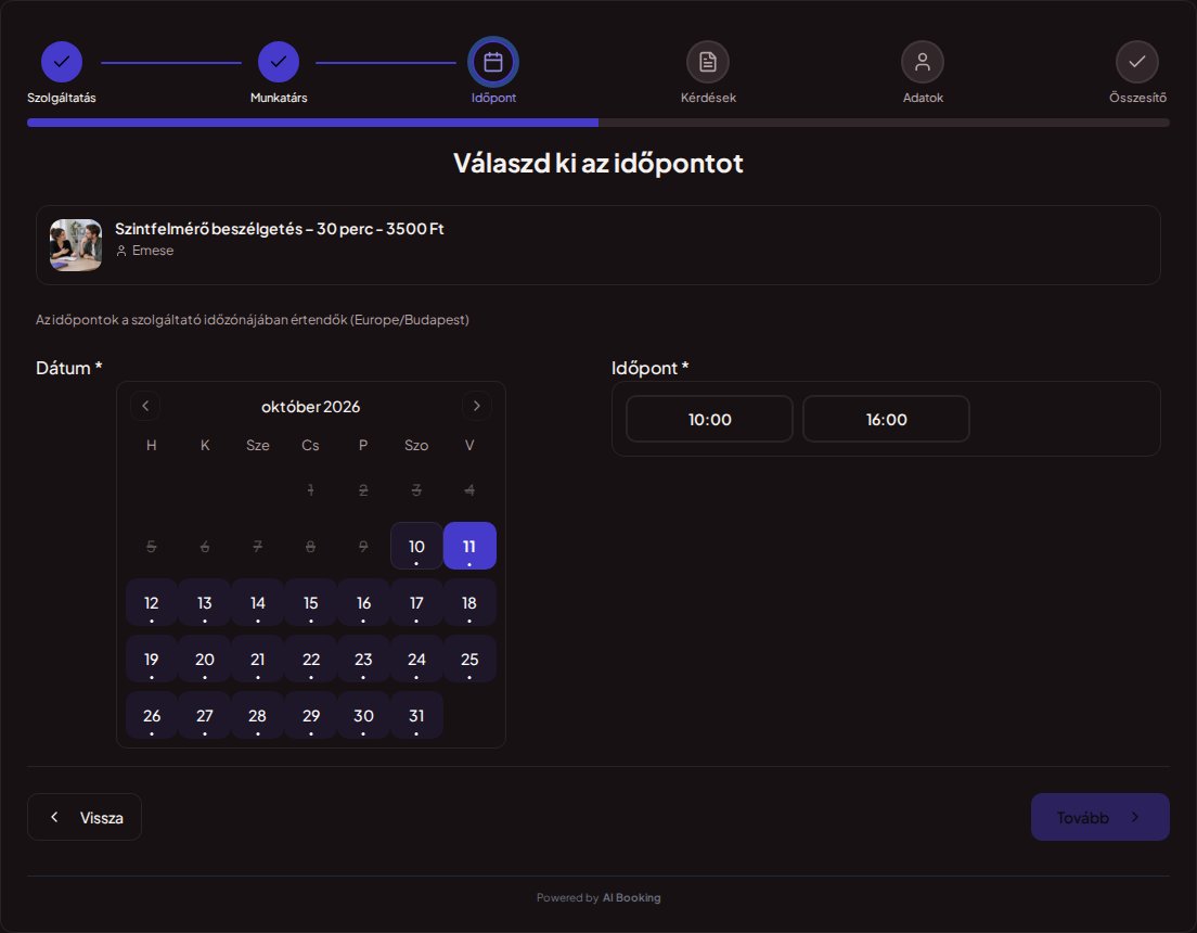 Időpontfoglaló rendszer nyelvtanároknak – Nyelvórák online foglalási naptára szabad időpontokkal a választott szolgáltatáshoz Időpontfoglaló rendszer nyelvtanároknak – Nyelvórák online foglalási naptára szabad időpontokkal a választott szolgáltatáshoz