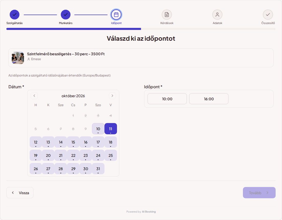 Időpontfoglaló rendszer nyelvtanároknak – Nyelvórák online foglalási naptára szabad időpontokkal a választott szolgáltatáshoz Időpontfoglaló rendszer nyelvtanároknak – Nyelvórák online foglalási naptára szabad időpontokkal a választott szolgáltatáshoz