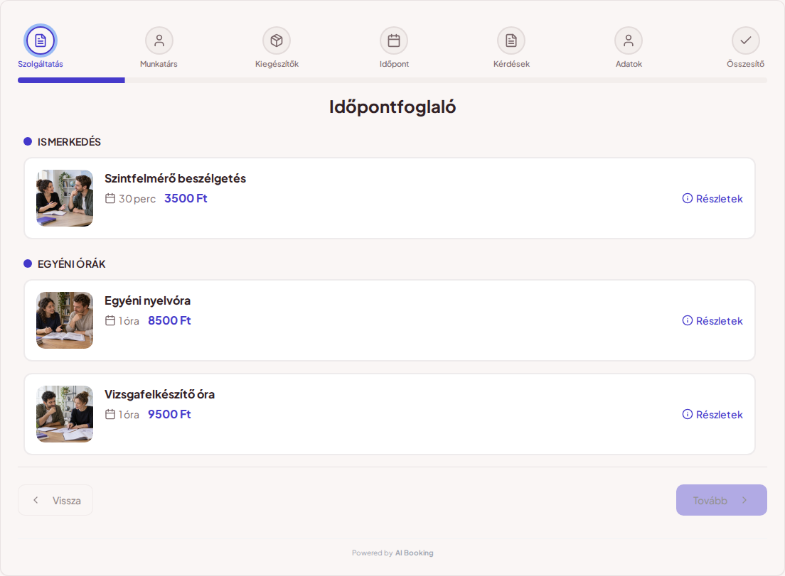 Időpontfoglaló rendszer nyelvtanároknak – Szintfelmérő beszélgetés, Egyéni nyelvóra, Vizsgafelkészítő óra árakkal, időtartammal és kategóriákkal Időpontfoglaló rendszer nyelvtanároknak – Szintfelmérő beszélgetés, Egyéni nyelvóra, Vizsgafelkészítő óra árakkal, időtartammal és kategóriákkal