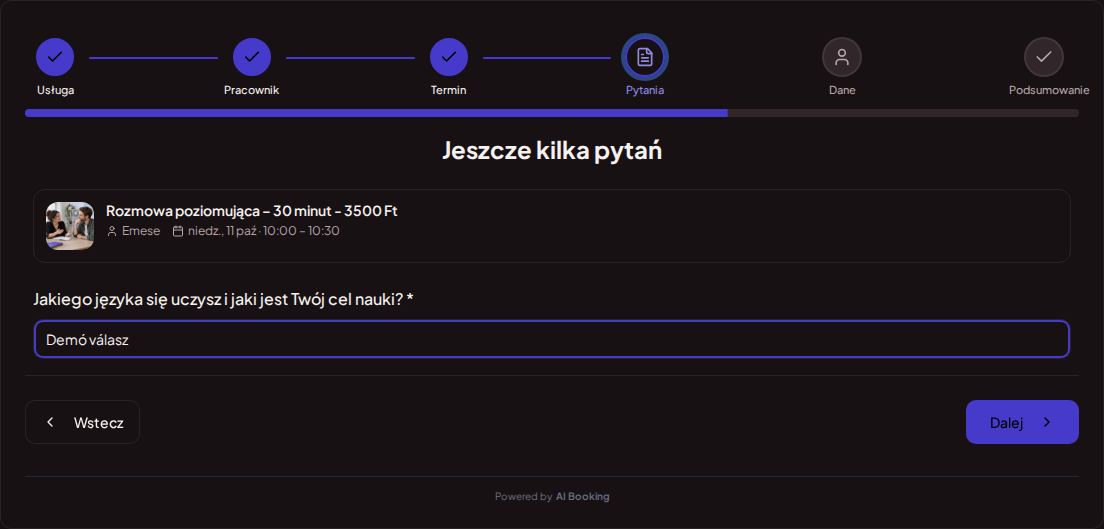 System rezerwacji dla nauczycieli języków – Pytanie przy wstępnej rezerwacji lekcji języka: Jakiego języka się uczysz i jaki jest Twój cel nauki? System rezerwacji dla nauczycieli języków – Pytanie przy wstępnej rezerwacji lekcji języka: Jakiego języka się uczysz i jaki jest Twój cel nauki?