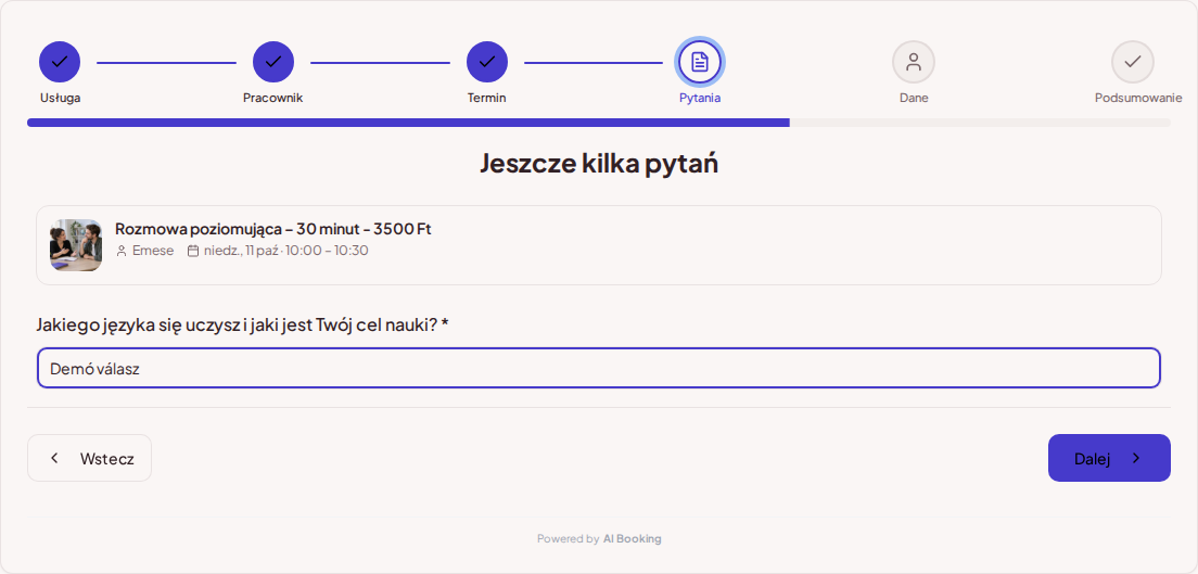 System rezerwacji dla nauczycieli języków – Pytanie przy wstępnej rezerwacji lekcji języka: Jakiego języka się uczysz i jaki jest Twój cel nauki? System rezerwacji dla nauczycieli języków – Pytanie przy wstępnej rezerwacji lekcji języka: Jakiego języka się uczysz i jaki jest Twój cel nauki?