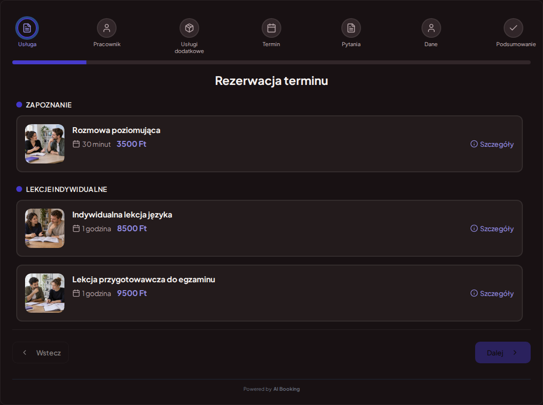 System rezerwacji dla nauczycieli języków – Rozmowa poziomująca, Indywidualna lekcja języka, Lekcja przygotowawcza do egzaminu z cenami, czasem trwania i kategoriami System rezerwacji dla nauczycieli języków – Rozmowa poziomująca, Indywidualna lekcja języka, Lekcja przygotowawcza do egzaminu z cenami, czasem trwania i kategoriami