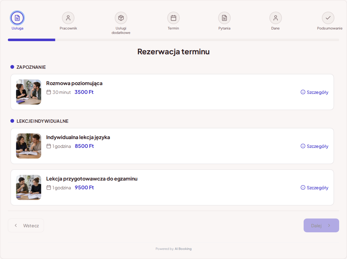 System rezerwacji dla nauczycieli języków – Rozmowa poziomująca, Indywidualna lekcja języka, Lekcja przygotowawcza do egzaminu z cenami, czasem trwania i kategoriami System rezerwacji dla nauczycieli języków – Rozmowa poziomująca, Indywidualna lekcja języka, Lekcja przygotowawcza do egzaminu z cenami, czasem trwania i kategoriami