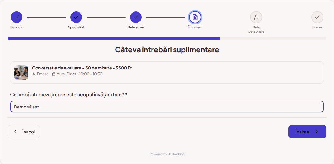 Sistem de programări pentru profesori de limbi străine – Întrebare de rezervare prealabilă pentru curs de limbi: Ce limbă studiezi și care este obiectivul tău de învățare? Sistem de programări pentru profesori de limbi străine – Întrebare de rezervare prealabilă pentru curs de limbi: Ce limbă studiezi și care este obiectivul tău de învățare?