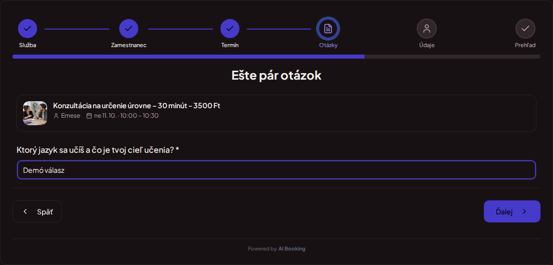 Systém na rezerváciu termínov pre učiteľov jazykov – Predrezervačná otázka pre jazykovú hodinu: Ktorý jazyk sa učíš a čo je tvoj cieľ učenia? Systém na rezerváciu termínov pre učiteľov jazykov – Predrezervačná otázka pre jazykovú hodinu: Ktorý jazyk sa učíš a čo je tvoj cieľ učenia?