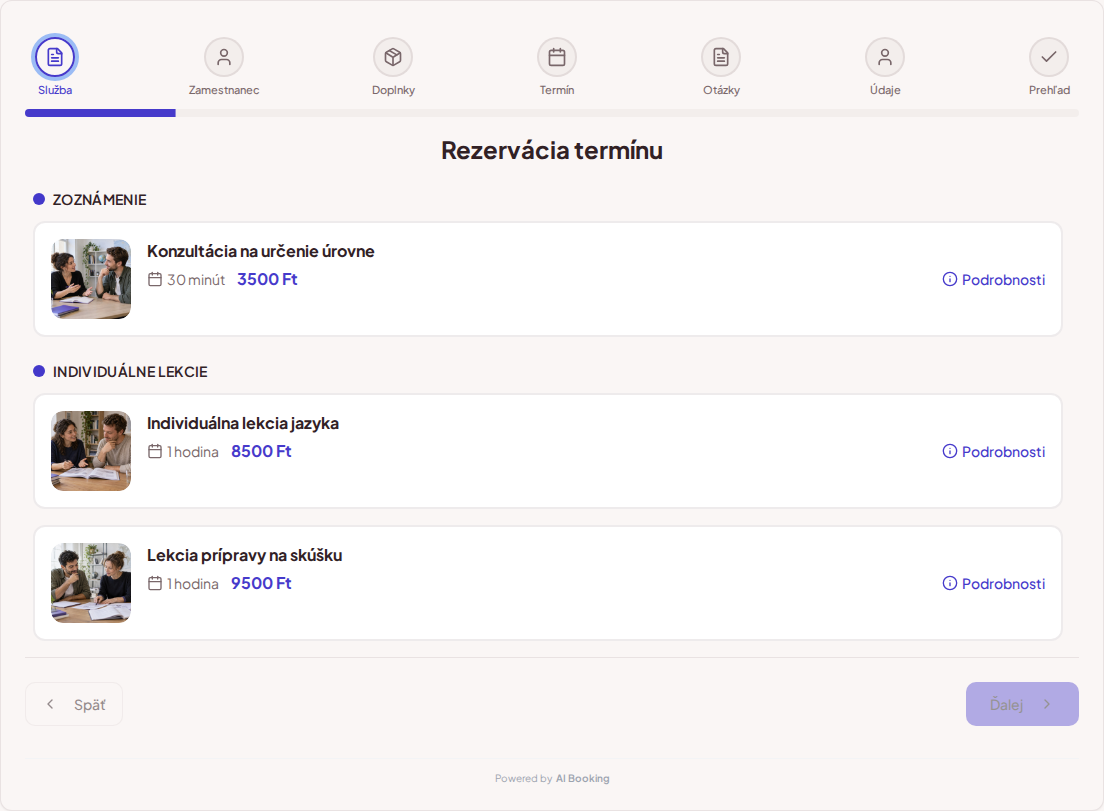 Systém na rezerváciu termínov pre učiteľov jazykov – Konzultácia na určenie úrovne, Individuálna lekcia jazyka, Lekcia prípravy na skúšku s cenami, dĺžkou a kategóriami Systém na rezerváciu termínov pre učiteľov jazykov – Konzultácia na určenie úrovne, Individuálna lekcia jazyka, Lekcia prípravy na skúšku s cenami, dĺžkou a kategóriami
