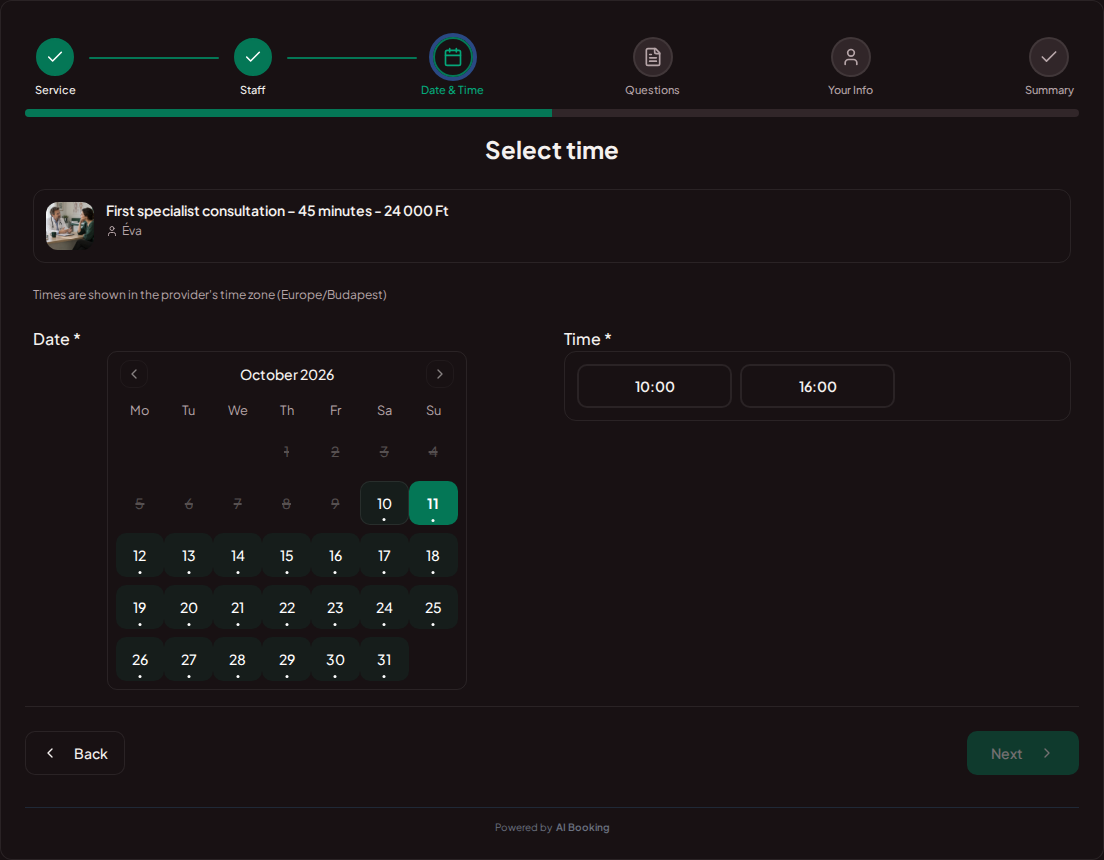Appointment booking system for private doctors – Private medical clinic booking calendar with available slots for the selected service Appointment booking system for private doctors – Private medical clinic booking calendar with available slots for the selected service