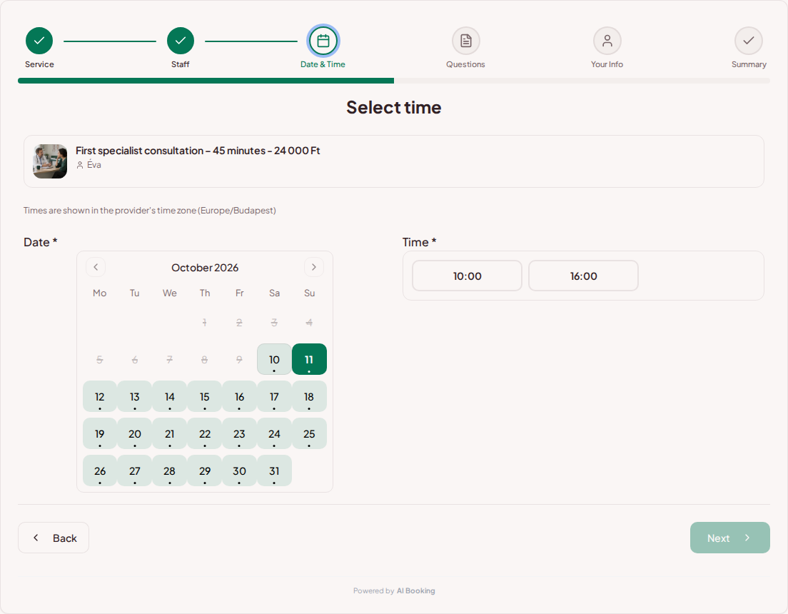 Appointment booking system for private doctors – Private medical clinic booking calendar with available slots for the selected service Appointment booking system for private doctors – Private medical clinic booking calendar with available slots for the selected service