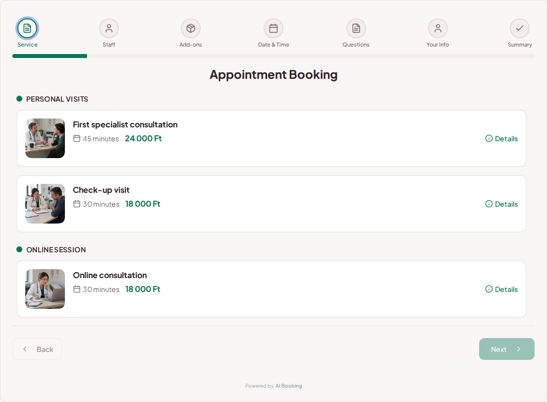 Appointment booking system for private doctors – First specialist consultation, Check-up visit, Online consultation with prices, durations, and categories Appointment booking system for private doctors – First specialist consultation, Check-up visit, Online consultation with prices, durations, and categories