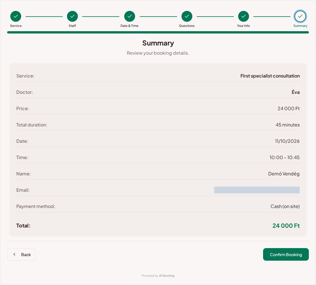 Appointment booking system for private doctors – Private medical visit booking summary with service, specialist, time, and fee Appointment booking system for private doctors – Private medical visit booking summary with service, specialist, time, and fee