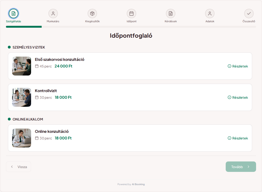 Időpontfoglaló rendszer magánorvosoknak – Első szakorvosi konzultáció, Kontrollvizit, Online konzultáció árakkal, időtartammal és kategóriákkal