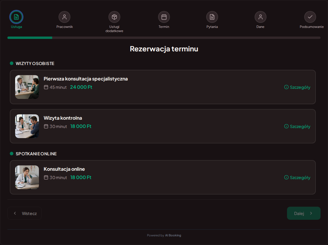 System rezerwacji dla prywatnych gabinetów lekarskich – Pierwsza konsultacja specjalistyczna, Wizyta kontrolna, Konsultacja online z cenami, czasem trwania i kategoriami System rezerwacji dla prywatnych gabinetów lekarskich – Pierwsza konsultacja specjalistyczna, Wizyta kontrolna, Konsultacja online z cenami, czasem trwania i kategoriami