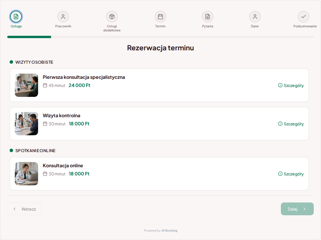 System rezerwacji dla prywatnych gabinetów lekarskich – Pierwsza konsultacja specjalistyczna, Wizyta kontrolna, Konsultacja online z cenami, czasem trwania i kategoriami System rezerwacji dla prywatnych gabinetów lekarskich – Pierwsza konsultacja specjalistyczna, Wizyta kontrolna, Konsultacja online z cenami, czasem trwania i kategoriami