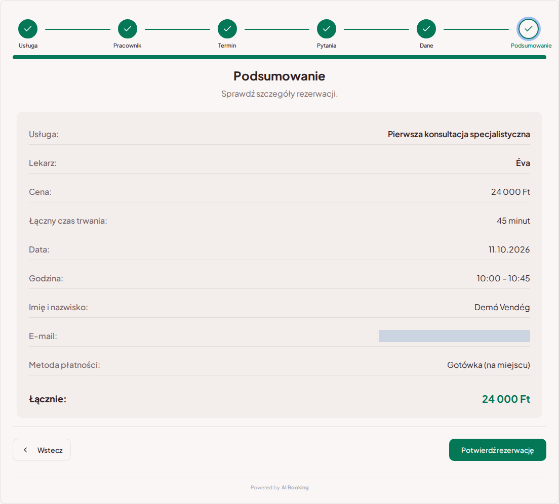 System rezerwacji dla prywatnych gabinetów lekarskich – Podsumowanie rezerwacji wizyty lekarskiej z usługą, specjalistą, terminem i ceną System rezerwacji dla prywatnych gabinetów lekarskich – Podsumowanie rezerwacji wizyty lekarskiej z usługą, specjalistą, terminem i ceną