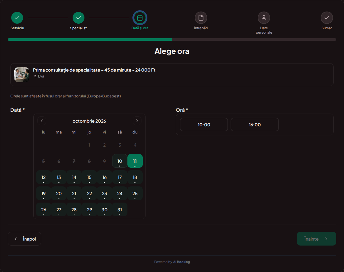 Sistem de programări pentru medici privați – Calendar de programări pentru cabinet medical privat cu intervale libere pentru serviciul ales Sistem de programări pentru medici privați – Calendar de programări pentru cabinet medical privat cu intervale libere pentru serviciul ales