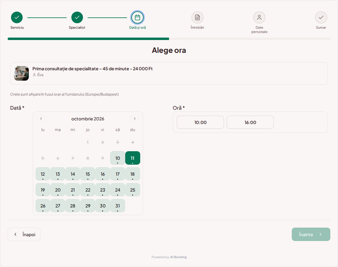 Sistem de programări pentru medici privați – Calendar de programări pentru cabinet medical privat cu intervale libere pentru serviciul ales Sistem de programări pentru medici privați – Calendar de programări pentru cabinet medical privat cu intervale libere pentru serviciul ales