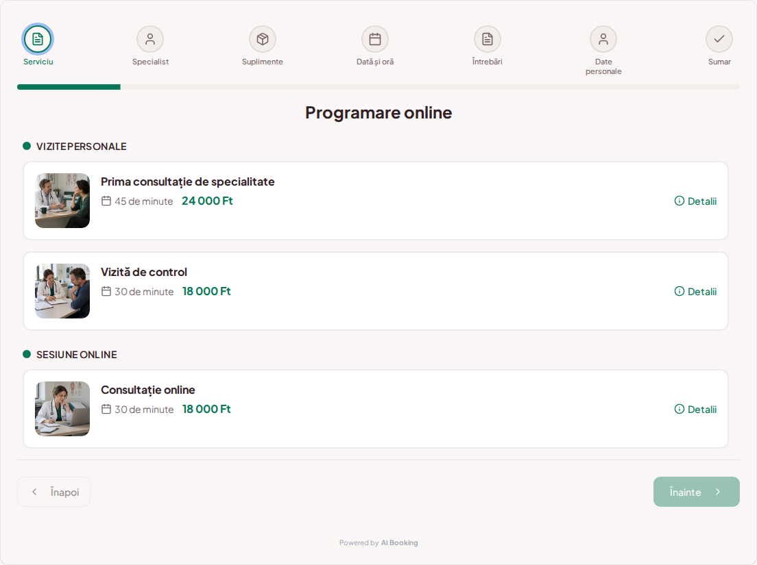 Sistem de programări pentru medici privați – Prima consultație de specialitate, Vizită de control, Consultație online cu prețuri, durată și categorii Sistem de programări pentru medici privați – Prima consultație de specialitate, Vizită de control, Consultație online cu prețuri, durată și categorii