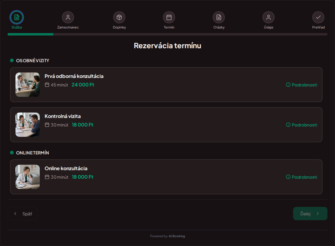Systém na rezerváciu termínov pre súkromných lekárov – Prvá odborná konzultácia, Kontrolná vizita, Online konzultácia s cenami, dĺžkou a kategóriami Systém na rezerváciu termínov pre súkromných lekárov – Prvá odborná konzultácia, Kontrolná vizita, Online konzultácia s cenami, dĺžkou a kategóriami