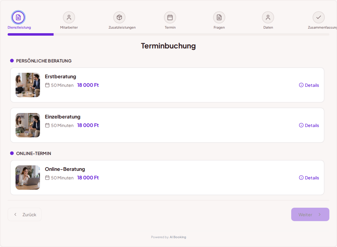 Terminbuchungssystem für Psychologen – Erstberatung, Einzelberatung, Online-Beratung mit Preisen, Dauer und Kategorien Terminbuchungssystem für Psychologen – Erstberatung, Einzelberatung, Online-Beratung mit Preisen, Dauer und Kategorien