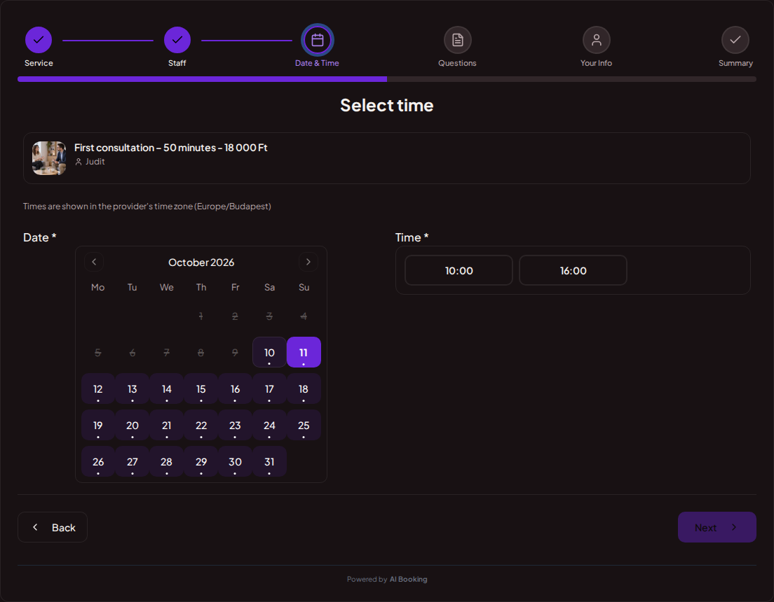 Appointment booking system for psychologists – Psychological consultation booking calendar with available slots for the chosen service Appointment booking system for psychologists – Psychological consultation booking calendar with available slots for the chosen service