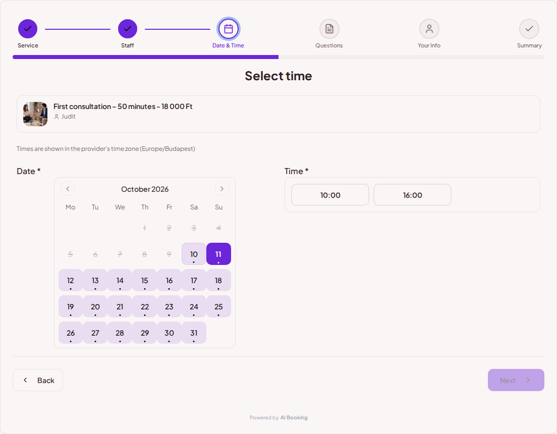 Appointment booking system for psychologists – Psychological consultation booking calendar with available slots for the chosen service Appointment booking system for psychologists – Psychological consultation booking calendar with available slots for the chosen service