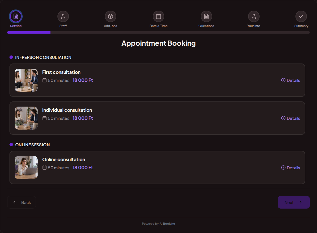 Appointment booking system for psychologists – First consultation, Individual consultation, Online consultation with prices, durations, and categories Appointment booking system for psychologists – First consultation, Individual consultation, Online consultation with prices, durations, and categories