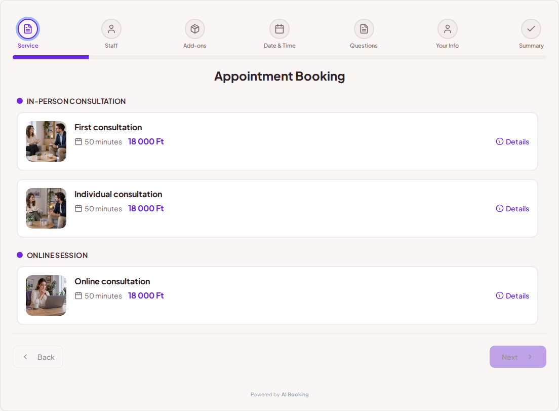 Appointment booking system for psychologists – First consultation, Individual consultation, Online consultation with prices, durations, and categories Appointment booking system for psychologists – First consultation, Individual consultation, Online consultation with prices, durations, and categories