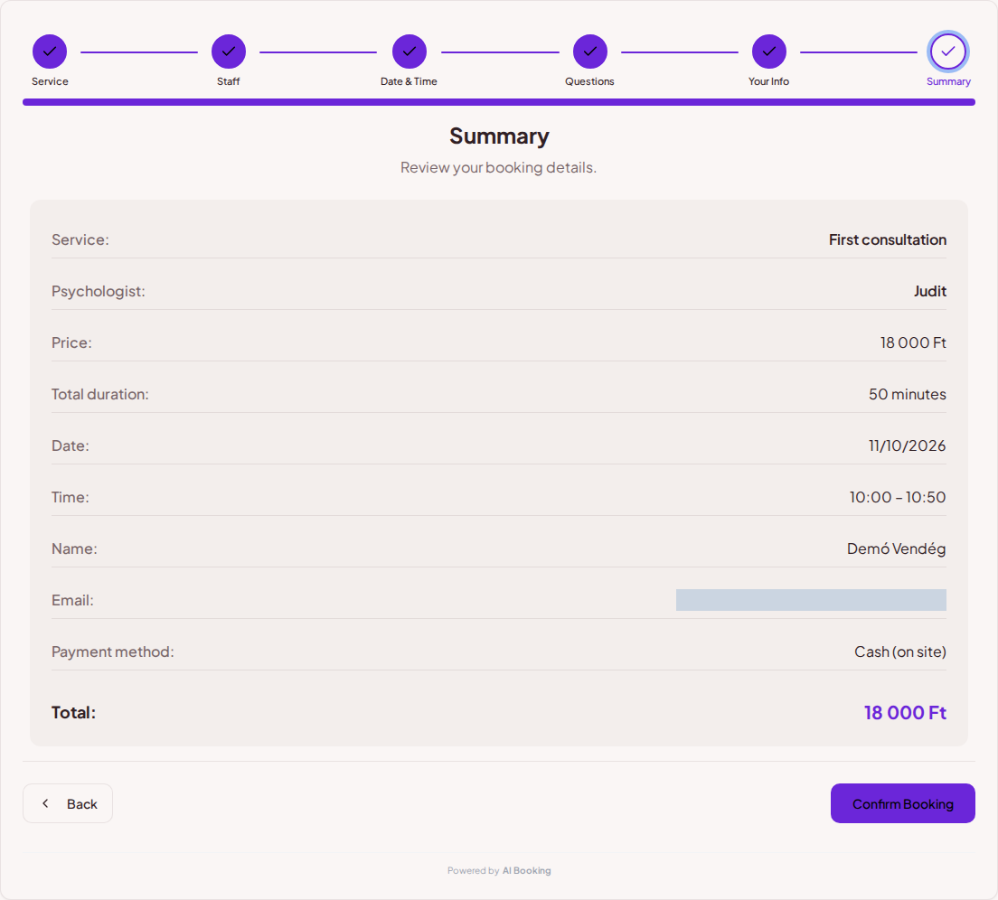 Appointment booking system for psychologists – Psychological consultation booking summary with service, professional, appointment, and fee Appointment booking system for psychologists – Psychological consultation booking summary with service, professional, appointment, and fee