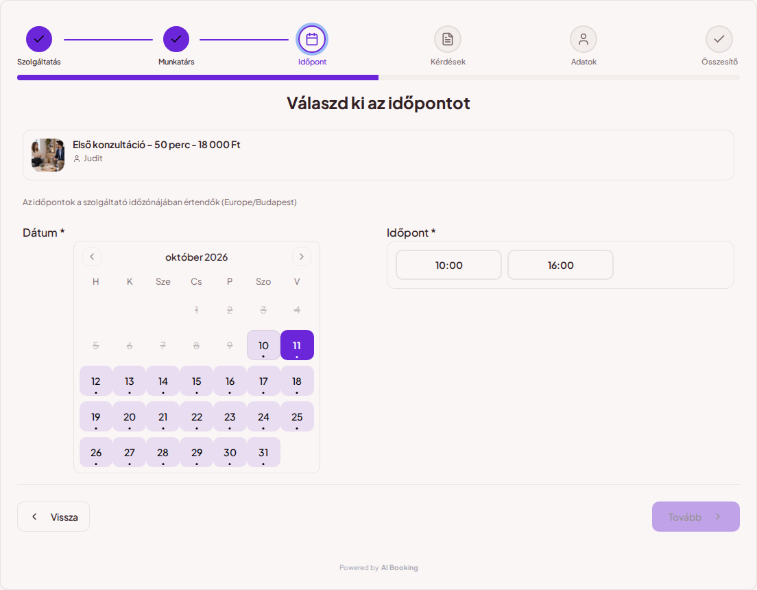 Időpontfoglaló rendszer pszichológusoknak – Pszichológiai konzultációk foglalási naptára szabad időpontokkal a választott szolgáltatáshoz