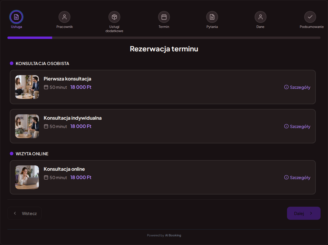 System rezerwacji terminów dla psychologów – Pierwsza konsultacja, Konsultacja indywidualna, Konsultacja online z cenami, czasem trwania i kategoriami System rezerwacji terminów dla psychologów – Pierwsza konsultacja, Konsultacja indywidualna, Konsultacja online z cenami, czasem trwania i kategoriami