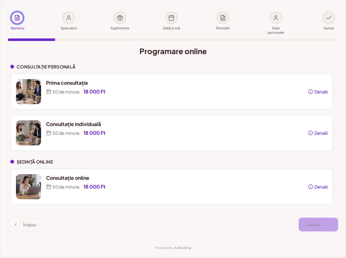 Sistem de programări pentru psihologi – Prima consultație, Consultație individuală, Consultație online cu prețuri, durate și categorii Sistem de programări pentru psihologi – Prima consultație, Consultație individuală, Consultație online cu prețuri, durate și categorii
