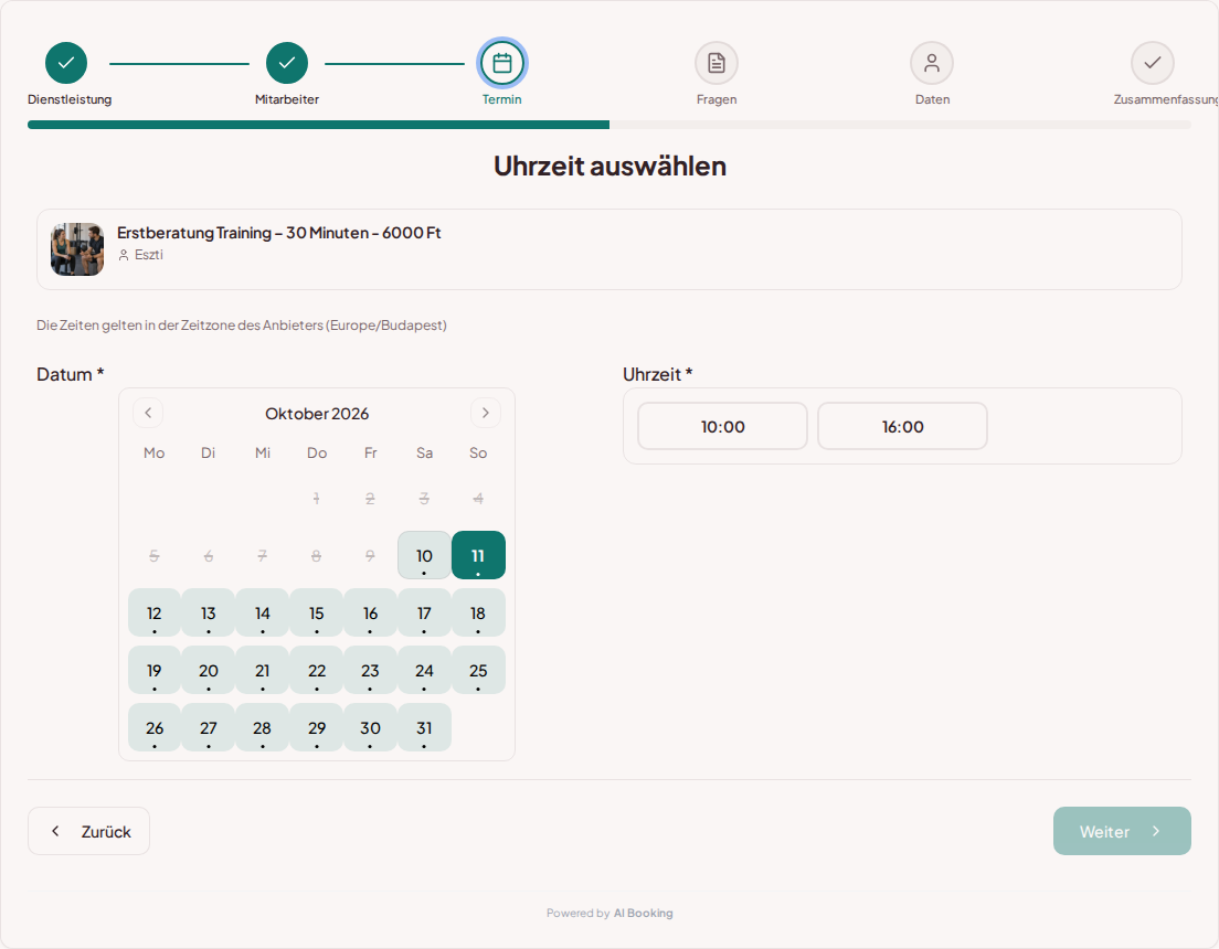 Terminbuchungssystem für Personal Trainer – Buchungskalender für Personal Training mit freien Terminen für die gewählte Leistung Terminbuchungssystem für Personal Trainer – Buchungskalender für Personal Training mit freien Terminen für die gewählte Leistung