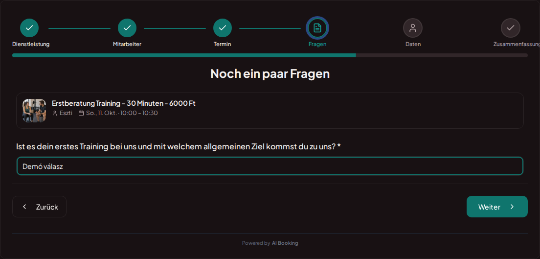 Terminbuchungssystem für Personal Trainer – Vorab-Buchungsfrage für Personal Training: Ist es dein erstes Training bei uns und mit welchem allgemeinen Ziel kommst du? Terminbuchungssystem für Personal Trainer – Vorab-Buchungsfrage für Personal Training: Ist es dein erstes Training bei uns und mit welchem allgemeinen Ziel kommst du?