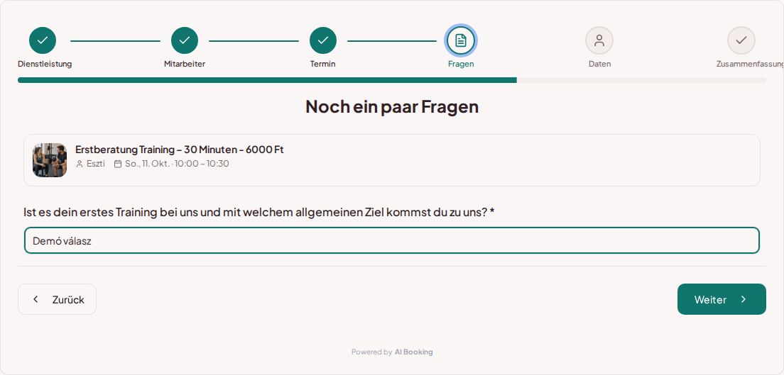 Terminbuchungssystem für Personal Trainer – Vorab-Buchungsfrage für Personal Training: Ist es dein erstes Training bei uns und mit welchem allgemeinen Ziel kommst du? Terminbuchungssystem für Personal Trainer – Vorab-Buchungsfrage für Personal Training: Ist es dein erstes Training bei uns und mit welchem allgemeinen Ziel kommst du?