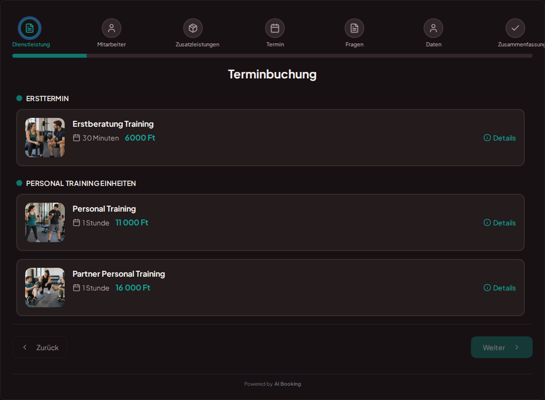 Terminbuchungssystem für Personal Trainer – Erstberatung Training, Personal Training, Partner Personal Training mit Preisen, Dauer und Kategorien Terminbuchungssystem für Personal Trainer – Erstberatung Training, Personal Training, Partner Personal Training mit Preisen, Dauer und Kategorien