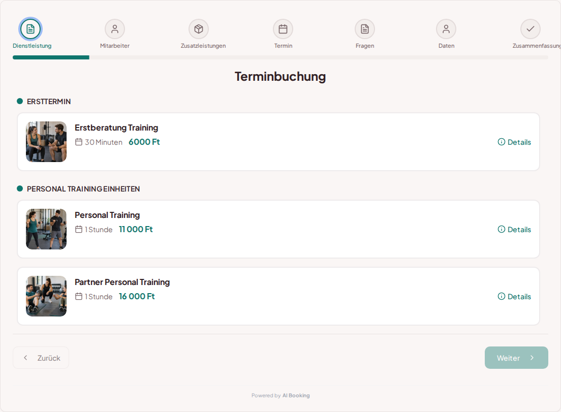 Terminbuchungssystem für Personal Trainer – Erstberatung Training, Personal Training, Partner Personal Training mit Preisen, Dauer und Kategorien Terminbuchungssystem für Personal Trainer – Erstberatung Training, Personal Training, Partner Personal Training mit Preisen, Dauer und Kategorien