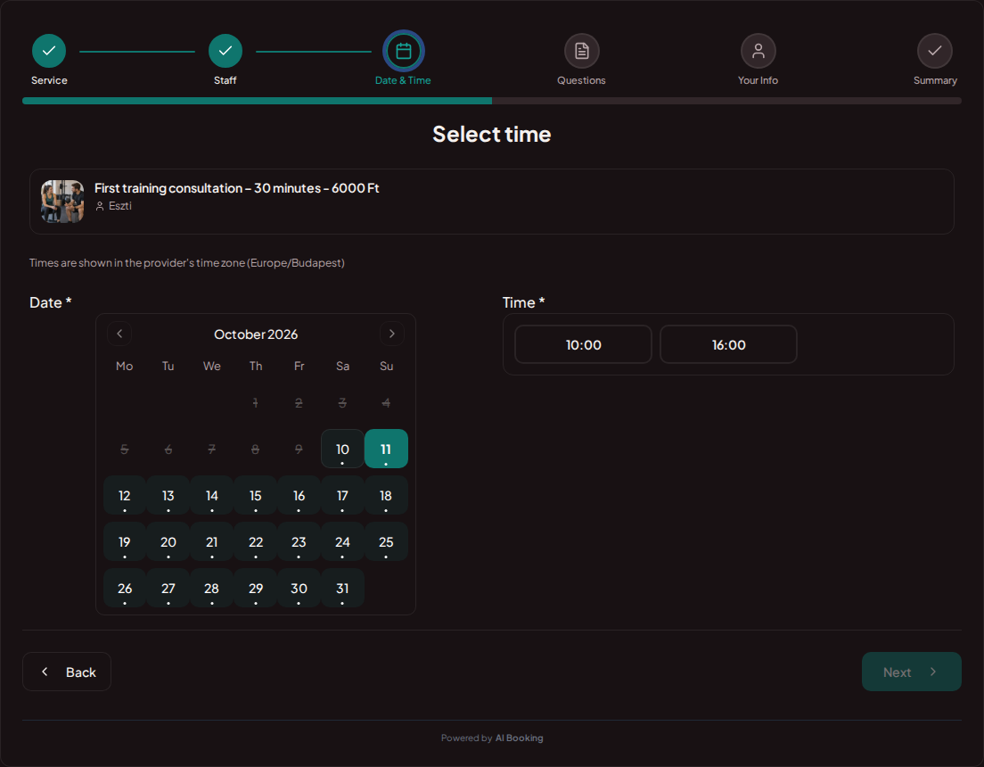 Appointment booking system for personal trainers – Personal training booking calendar with available slots for the selected service