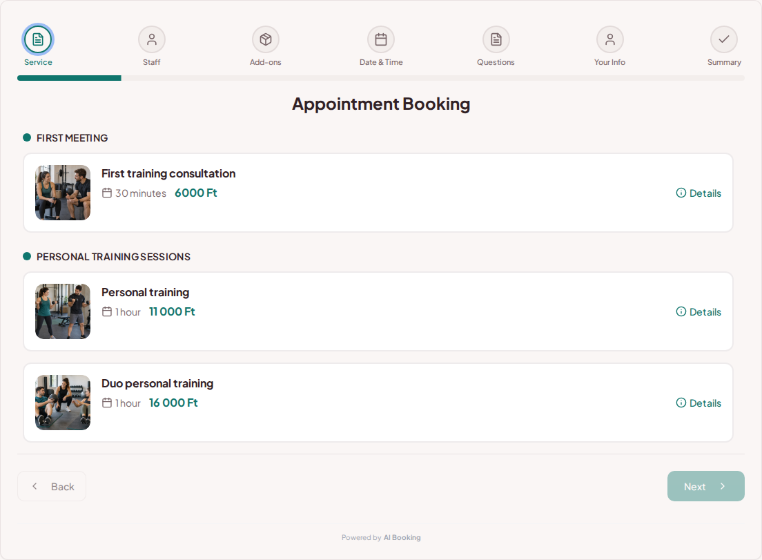 Appointment booking system for personal trainers – First training consultation, Personal training, Duo personal training with prices, durations, and categories