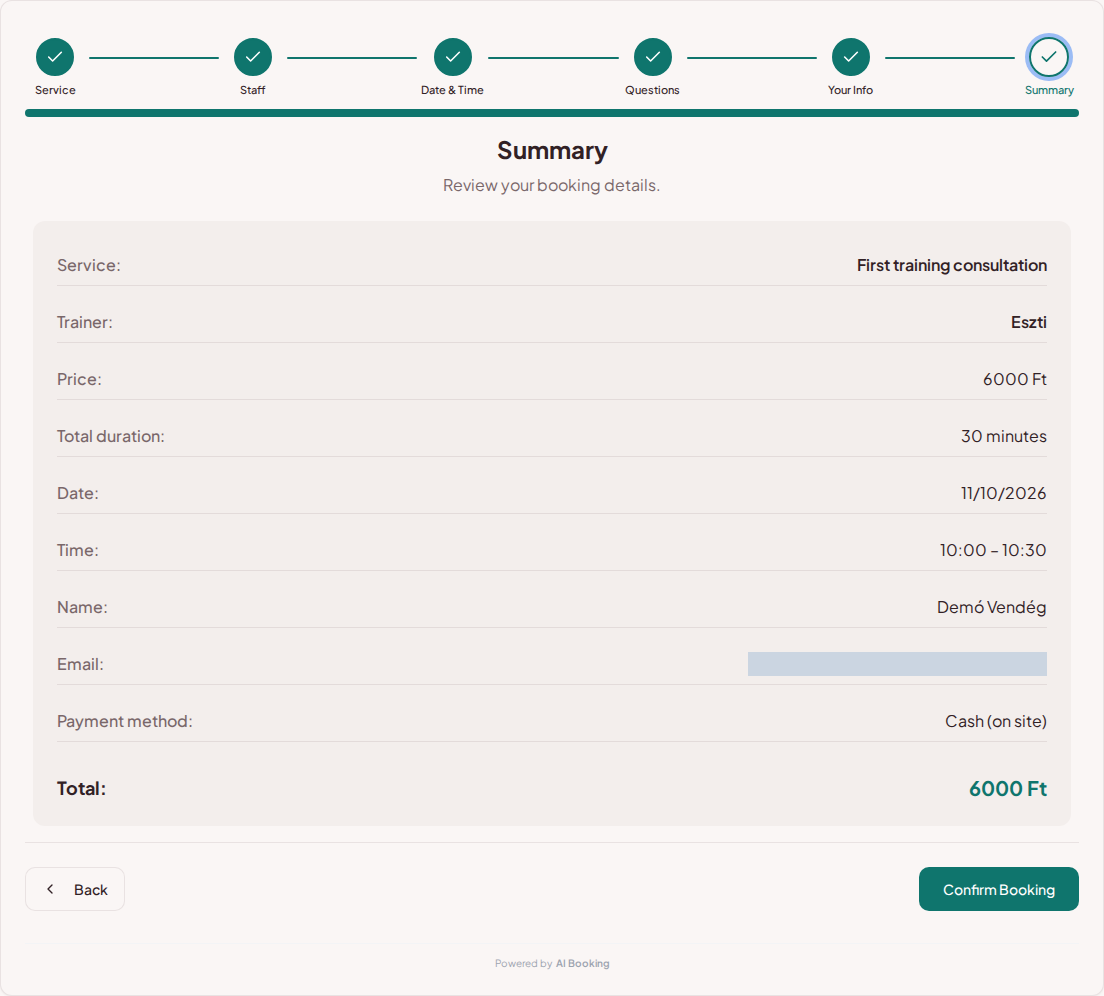 Appointment booking system for personal trainers – Workout booking summary with service, professional, time, and fee