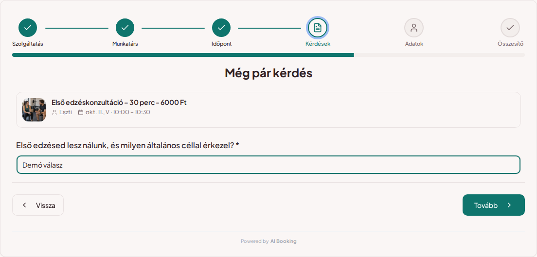 Időpontfoglaló rendszer személyi edzőknek – Személyi edzés előzetes foglalási kérdése: Első edzésed lesz nálunk, és milyen általános céllal érkezel? Időpontfoglaló rendszer személyi edzőknek – Személyi edzés előzetes foglalási kérdése: Első edzésed lesz nálunk, és milyen általános céllal érkezel?