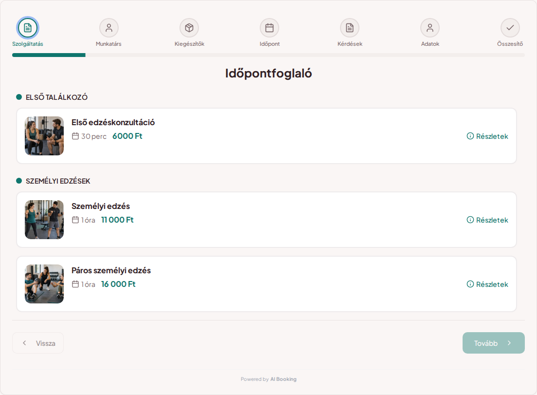 Időpontfoglaló rendszer személyi edzőknek – Első edzéskonzultáció, Személyi edzés, Páros személyi edzés árakkal, időtartammal és kategóriákkal Időpontfoglaló rendszer személyi edzőknek – Első edzéskonzultáció, Személyi edzés, Páros személyi edzés árakkal, időtartammal és kategóriákkal