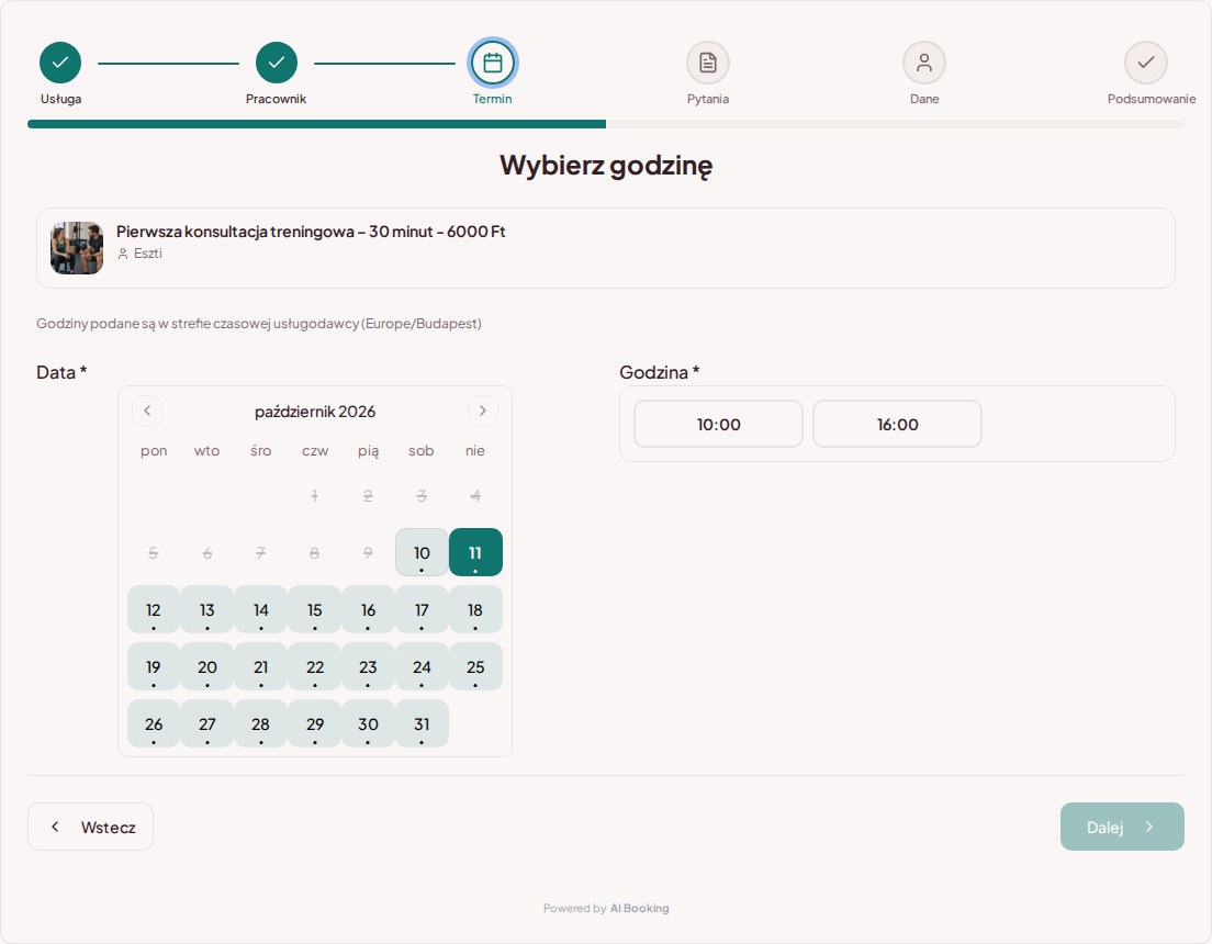 System rezerwacji dla trenerów personalnych – Kalendarz rezerwacji treningów personalnych z wolnymi terminami dla wybranej usługi System rezerwacji dla trenerów personalnych – Kalendarz rezerwacji treningów personalnych z wolnymi terminami dla wybranej usługi