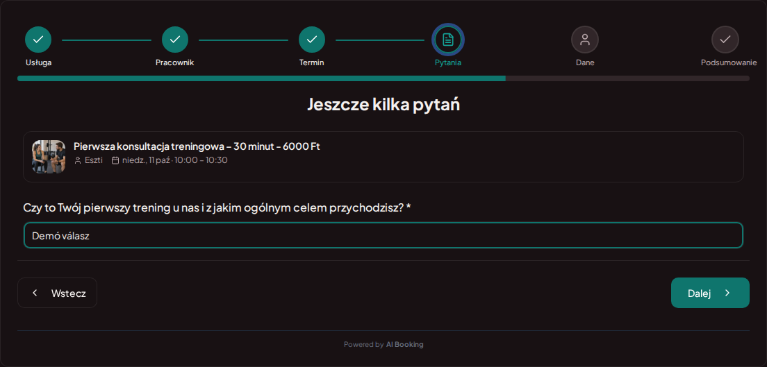 System rezerwacji dla trenerów personalnych – Pytanie wstępne przy rezerwacji treningu: Czy to Twój pierwszy trening u nas i z jakim ogólnym celem przychodzisz? System rezerwacji dla trenerów personalnych – Pytanie wstępne przy rezerwacji treningu: Czy to Twój pierwszy trening u nas i z jakim ogólnym celem przychodzisz?