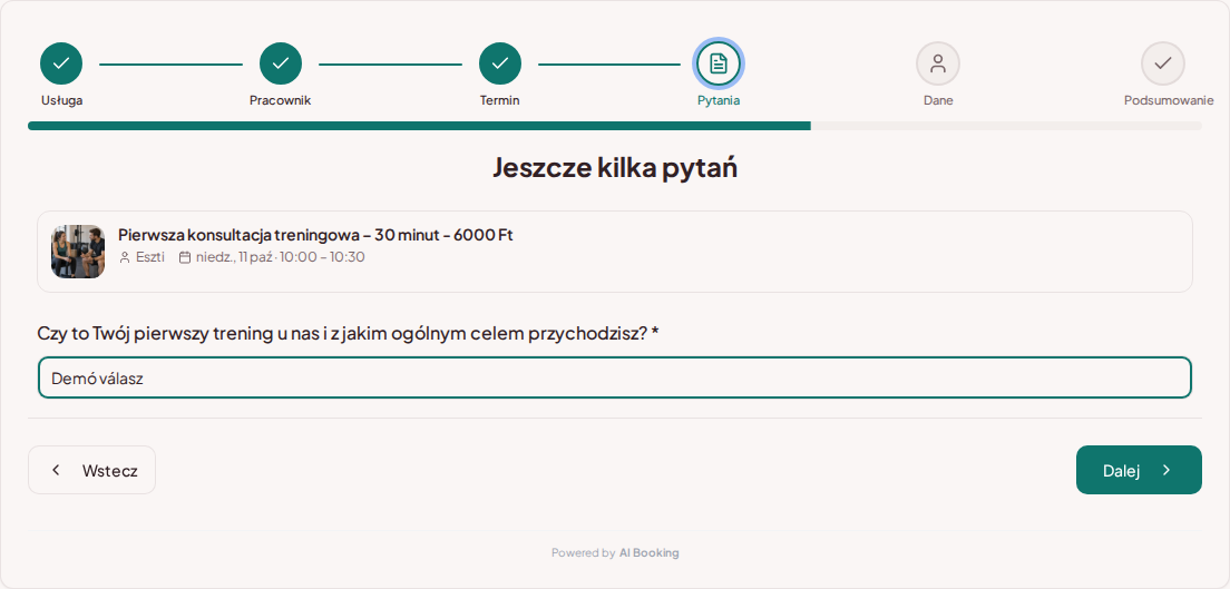 System rezerwacji dla trenerów personalnych – Pytanie wstępne przy rezerwacji treningu: Czy to Twój pierwszy trening u nas i z jakim ogólnym celem przychodzisz? System rezerwacji dla trenerów personalnych – Pytanie wstępne przy rezerwacji treningu: Czy to Twój pierwszy trening u nas i z jakim ogólnym celem przychodzisz?