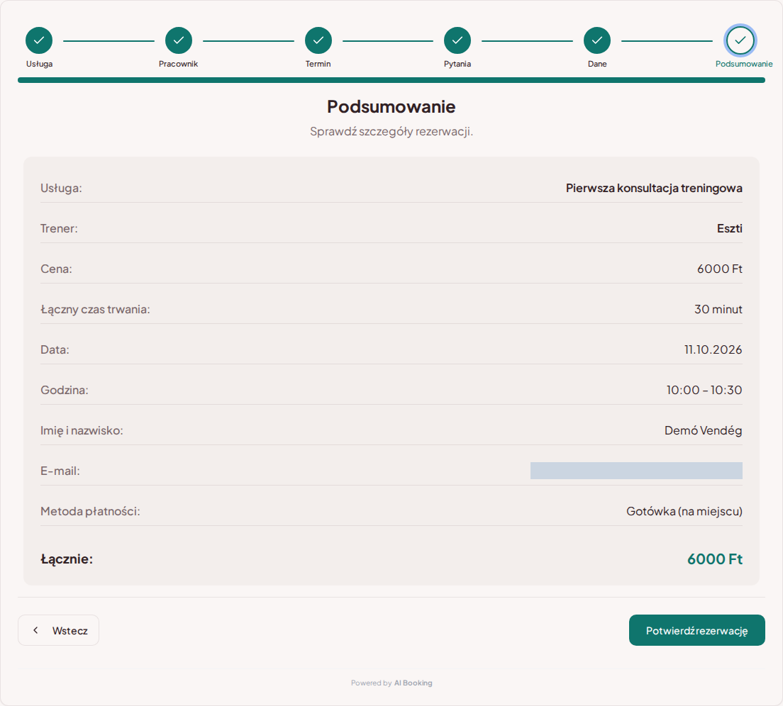 System rezerwacji dla trenerów personalnych – Podsumowanie rezerwacji treningu z usługą, specjalistą, terminem i ceną System rezerwacji dla trenerów personalnych – Podsumowanie rezerwacji treningu z usługą, specjalistą, terminem i ceną