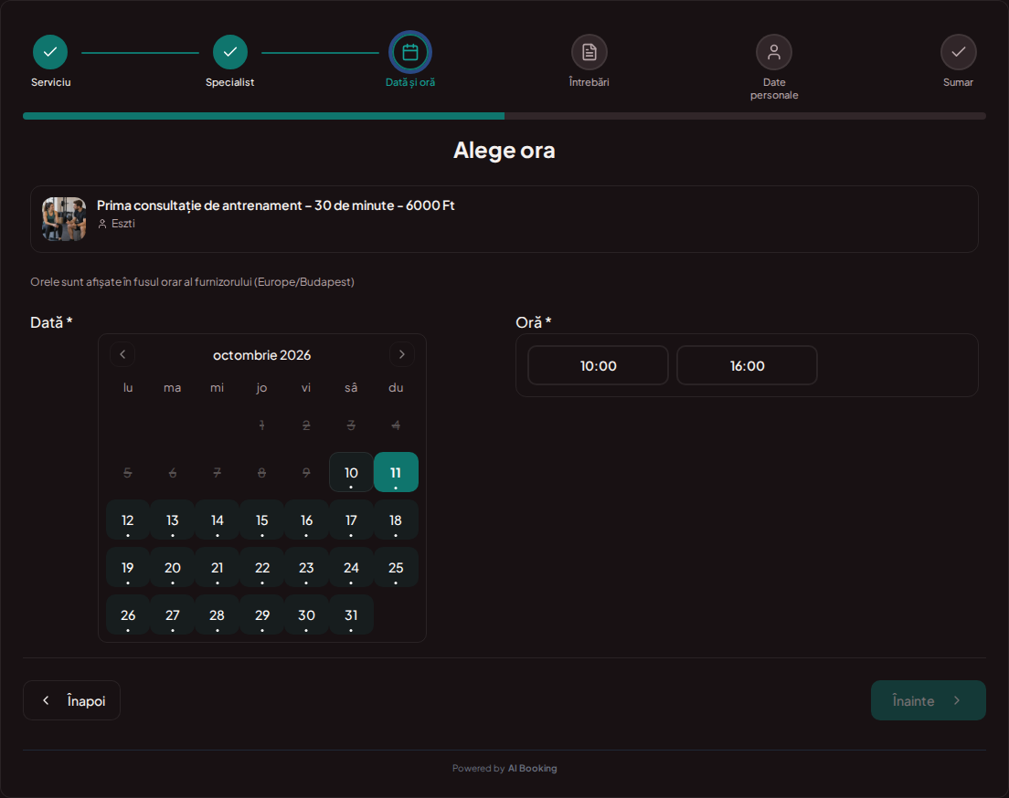 Sistem de programări pentru antrenori personali – Calendar de rezervări pentru antrenament personal cu intervale libere pentru serviciul ales