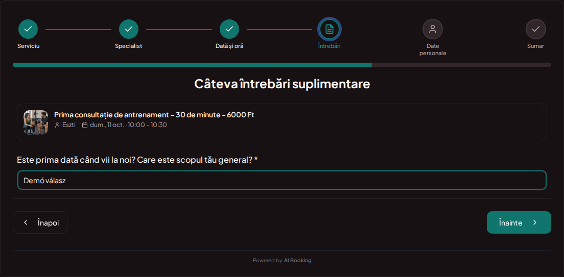 Sistem de programări pentru antrenori personali – Întrebare prealabilă la rezervarea antrenamentului: Este primul tău antrenament la noi și cu ce obiectiv general vii?